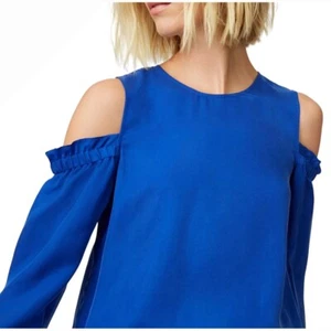 CLUB MONACO Cold Shoulder Blouse Ruffle Cuff Top Royal Blue Quiet Luxury MEDIUM - Picture 1 of 9