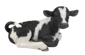 Black Cow Lying Down Garden Statue Home Decor Lifelike Farm Animal Yard - Picture 1 of 4