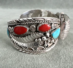 Vintage Cuff Watch Bracelet Turquoise Coral Hand Stamped Sterling Silver Navajo - Picture 1 of 14
