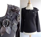 FRANK SAUL Black Thin Knit Jumper Top with Applique Flowers Size M UK16 approx