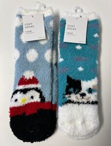 Girl's Cozy Lounge Socks Slippers Penguin & Cat Set 2 Pair