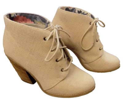 Call it Spring Oatmeal beige Fabric Linen Like Boots 4" heels Lace up Bow 8.5 - Image 1 of 4