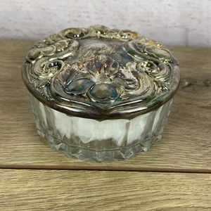 Vintage Crystal Jewelry Trinket Dresser Powder Box Pewter Mirror Cover Lid - Picture 1 of 10