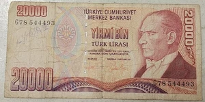 TÜRKIYE (TURKEY) 🇹🇷 20,000 LIRA BANKNOTE 1995 (DEFACED) - Picture 1 of 2