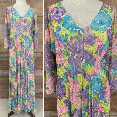 Vintage 1960s 1970s Colorful Floral Nylon Nightgown Maxi Dress Sz M/L - Image 1 of 4