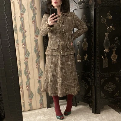 Conjunto de falda Perry Ellis Y2K marrón mezcla de lana Foto 1 de 4