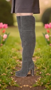 Joie Bentlee echt Wildleder Leder Absatz die Kniehohe Stiefel Gr. 38 grau Retro  - Bild 1 von 16