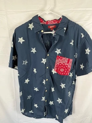 Arizona Jean Co Mens L Blue With White Stars And Red Pocket Button Shirt - Image 1 of 4