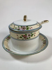 Nippon Hand Painted Sugar Bowl with Attached Under Plate and Spoon Floral Design - Picture 1 of 10