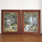 2 Vintage Paintings Framed Acrylic Boy and Dog Gone Fishing Pair Retro