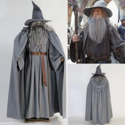 O Senhor dos Anéis O Hobbit Gandalf Fantasia Cosplay Manto Cinza Conjunto Completo Novo - Imagem 1 de 4