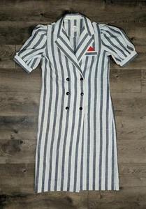 Vintage Linen Dress Roe Frocks New York 1970 Classic Stripe Gray & White Dress - Picture 1 of 7