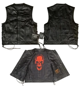 Men's Club Style Leather Vest with Red Skull Lining 525 - Picture 1 of 1