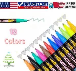 Doodle Dazzle Markers Double Line Outline Pens, 12 Colors Self Outline Metallic - Picture 1 of 14