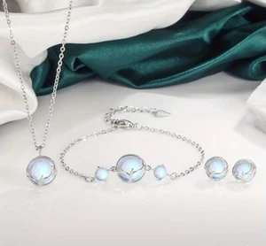 Schmuck Set 925 Silber Mondstein Kette Armband Ohrring Geschenk Valentinstag - Bild 1 von 5