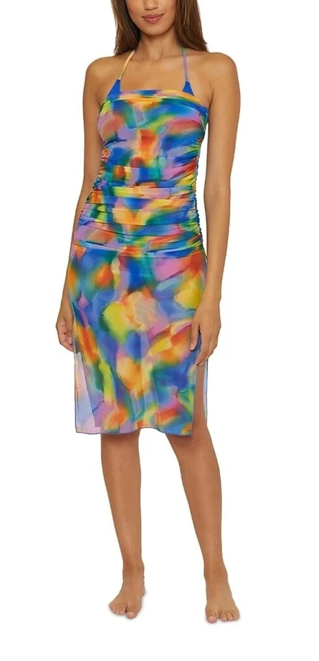 Becca Large Stretch Paper Mache Side-Ruched Cover Up Dress Swim Multi