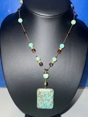 Pre-owned Gold Filled Brown Glass Bead & Turquoise Pendant on Cord Necklace - Image 1 of 4