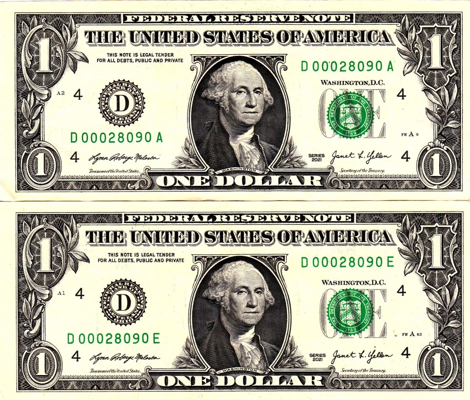 $1 2021 2021 Fancy Serial MATCHING LOW SERIALS D00028090A  D00028090E - Image 1 of 1