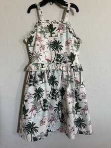 Janie And Jack Girls Sundress Sz 7 Pearl Tropical Flamingo Palm Ruffle - Picture 1 of 6