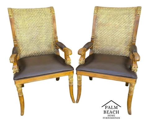 2 HOOKER Neoclassical Wood Leather Herringbone Wicker Accent Dining Desk Chairs Cover