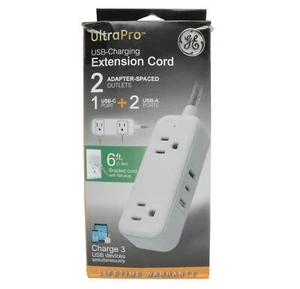 GE UltraPro USB-Charging Extension Cord with 2-Outlets + 2 USB-A + 1 USB-C Ports - Picture 1 of 3
