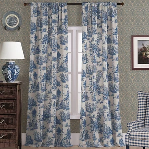 Blue Toile Window Curtains Drapes for Living Room 90 Inch Long 2 Panels Set Long - Picture 1 of 9