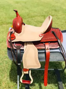 Silla de montar de cuero de caballo Western Ranch para niños y jóvenes con cesta tejida en falda - Imagen 1 de 7