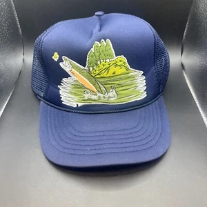 Vintage Jumping Trout Snapback Blue Mesh Trucker Hat - Picture 1 of 5