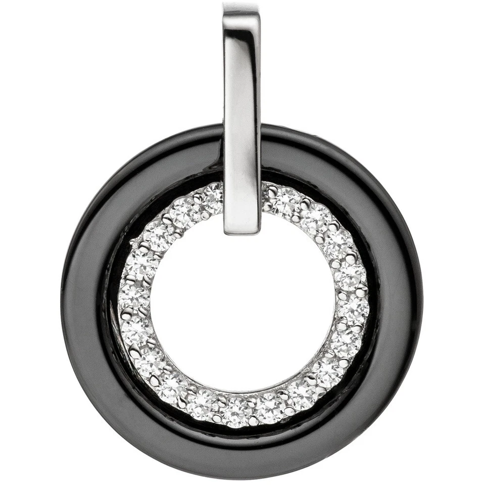 Pendente Circolare In Ceramica Nera E Argento 925 Con Zirconia Intorno Anello - Immagine 1 di 1