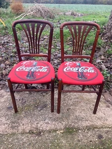 Vintage Brown Wooden Dining kitchen Chairs x 2 with Red Coca Cola Fabric Seats - Picture 1 of 6