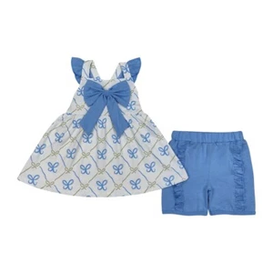 Toddler Baby Girls Summer Clothes Blue Bow Tunic  Top Matching Shorts Outfit - Picture 1 of 22