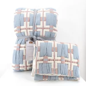 Anthropologie Sonya Matelasse Queen Coverlet Standard Shams Blue Brown Quilted - Picture 1 of 12