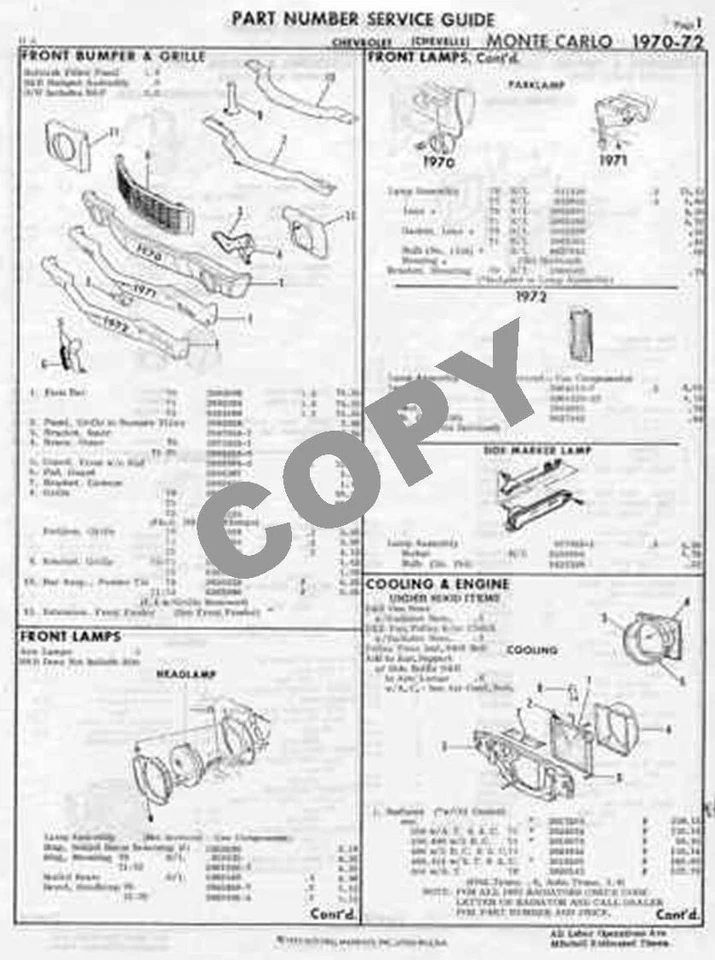 1970-72 Chevrolet Monte Carlo Genuine GM Parts Number Guide Foto 1 de 1