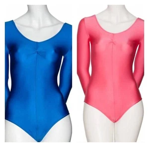 Long Sleeve Ruched Front Leotard Lycra Leotard KDC009 Pink or Royal Blue By Katz - Picture 1 of 10