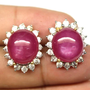 925 Sterling Silver 13 x 14 mm. Pink Ruby & White Zircon Earrings 18K Gold - Picture 1 of 4
