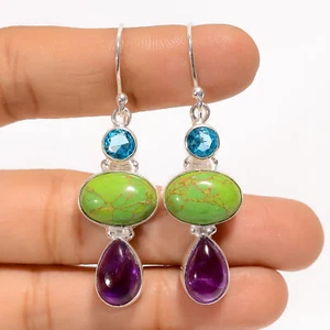 Green Turquoise Amethyst Gemstone 925 Silver Handmade Earrings 2" ARE-3907 - Picture 1 of 3