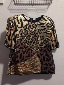 Vintage Lawrence Kazar Sequin Top Black Brown Gold Leopard Cheetah Print - Picture 1 of 21