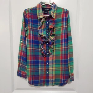 Ralph Lauren Mädchen 8 kariertes Flanellhemd Rüschen vorne Knopfleiste Rollriegelärmel - Bild 1 von 9