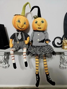 Primitive Halloween Vin. Style Pumpkin Head Boy & Girl Doll Shelf Sitter Decor - Picture 1 of 9