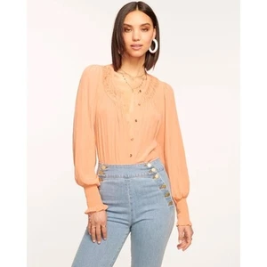 Ramy Brook Isla puff sleeve blouse button up peach boho designer size large L - Picture 1 of 8