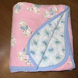 1950-60s Handmade Baby Quilt Blanket Reversible Cats Flowers Nursery Decor - Picture 1 of 11