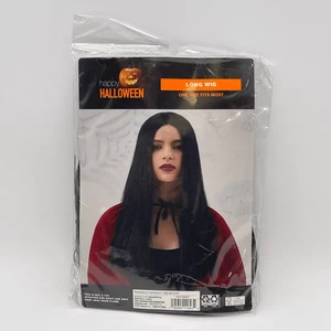 Neu mit Etikett Erwachsene schwarz Langhaar Perücke gerade Happy Halloween Kostüm Einheitsgröße spielen neu - Bild 1 von 5