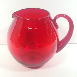 Vintage BLENKO GLASS 3750L Squat Pitcher Red Applied Handle MCM - Picture 1 of 10