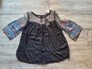 Neu mit Etikett Radzoli Damen S Small Shirt Top Blumenstickerei durchsichtig Bluse schwarz ausgestellt - Bild 1 von 1
