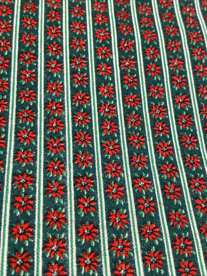 Unbranded Stripe Christmas Poinsettia Cotton Fabric Remnant 44" x 45" - Image 1 of 4
