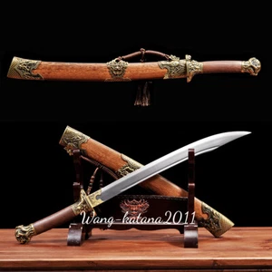 New Dragon Tiger Carved Rosewood Chinese Sword Manganese Steel Sharp Broadsword - Picture 1 of 14
