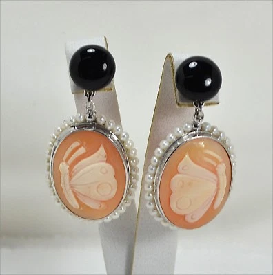 ORECCHINI IN ARGENTO 925 CON ONICE PERLE E CAMMEI FARFALLE AGHT 0418 - Immagine 1 di 3