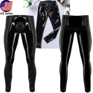 Leggings uomo lattice pelle lucida skinny pantaloni lunghi pantaloni clubwear stretti - Foto 1 di 16