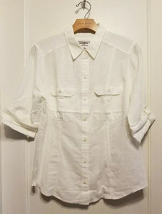 EXPRESS Women's Convertible Sleeve Fitted Shirt, White, Linen Blend, Size M, NWT - Picture 1 of 7