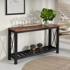 Cottage Sideboard Hall Table Console Black Solid Pine Walnut Top H81xW132xD36cm - Picture 1 of 7